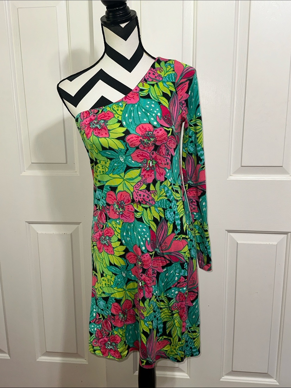 Lilly Pulitzer One-Shoulder Floral Dress in Teal, Pink and Lime